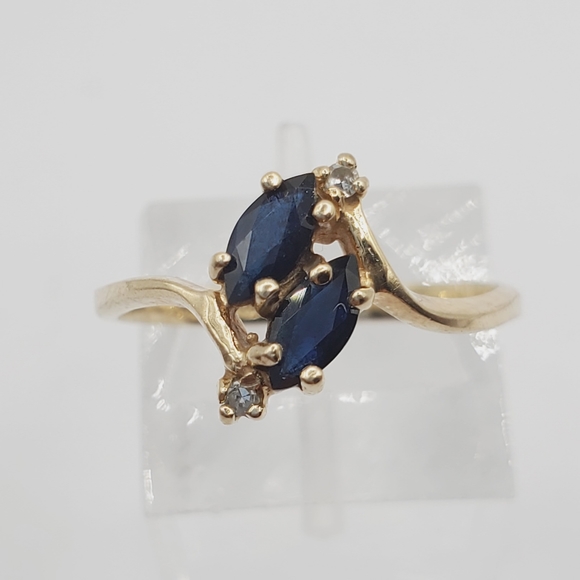 10k Solid Yellow Gold Double Marquise Blue Sapphire & Diamond Ring - Picture 3 of 3